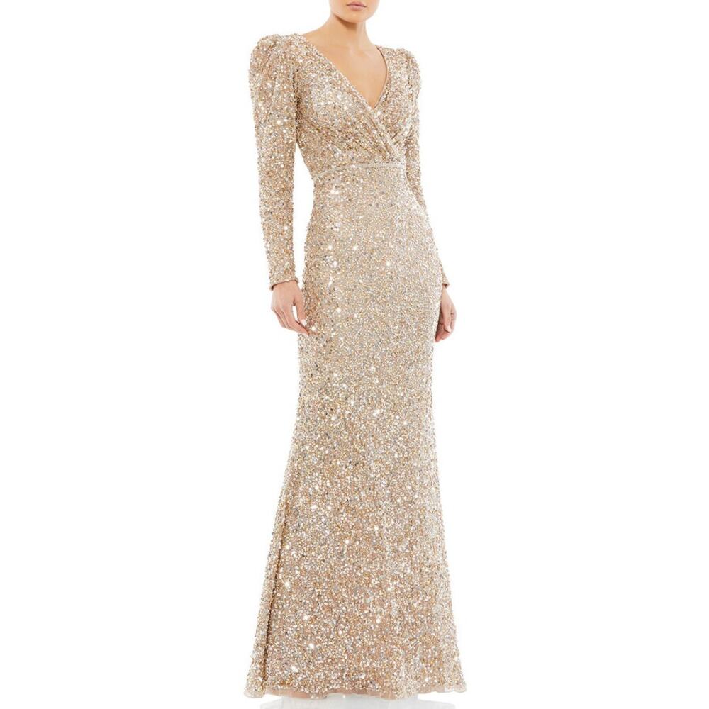 Mac Duggal 5510 Long Sleeve Empire Sequin Evening Gown Formal Party Gold Sz 12